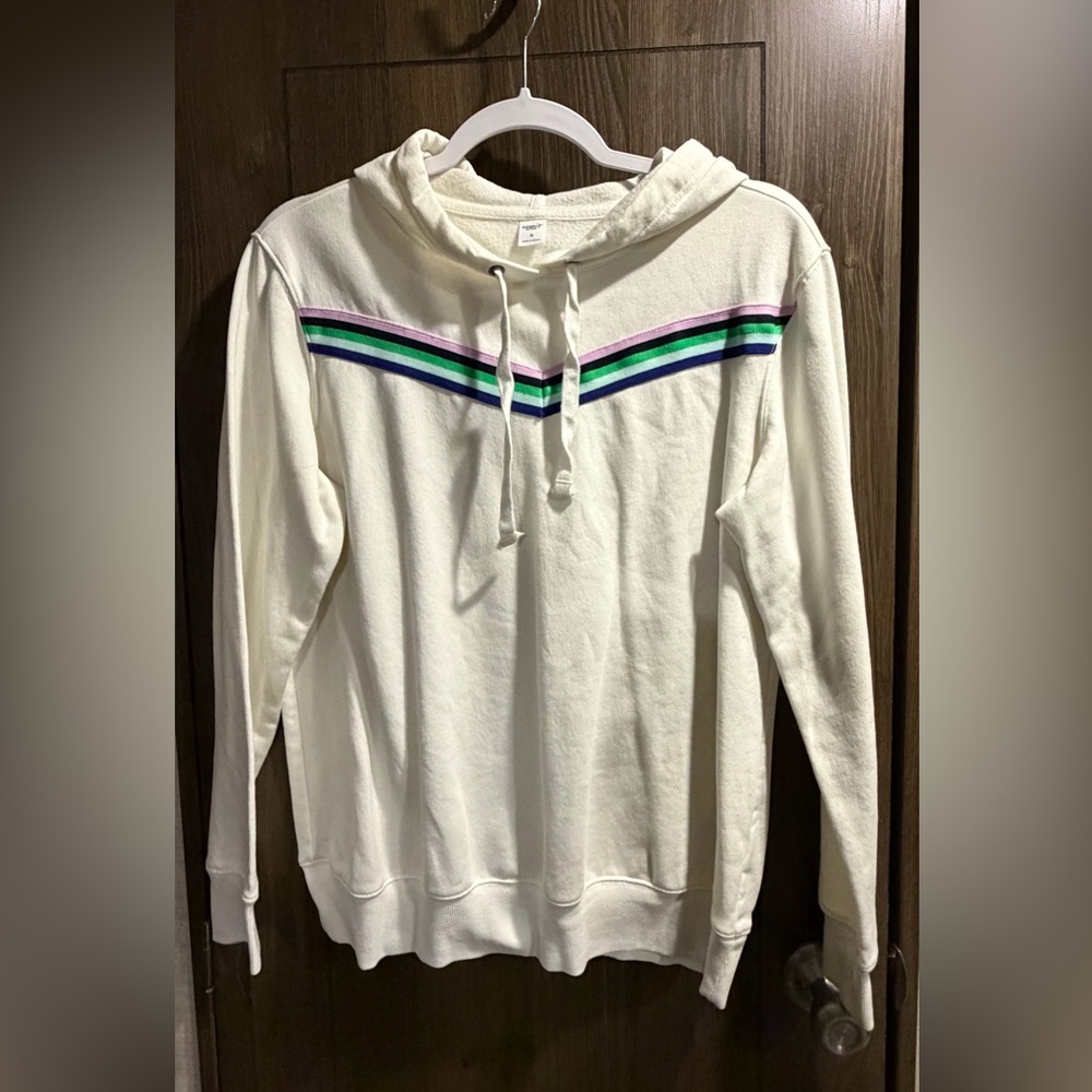 Old Navy White Hoodie with Purple, Blue, and Green Stripes